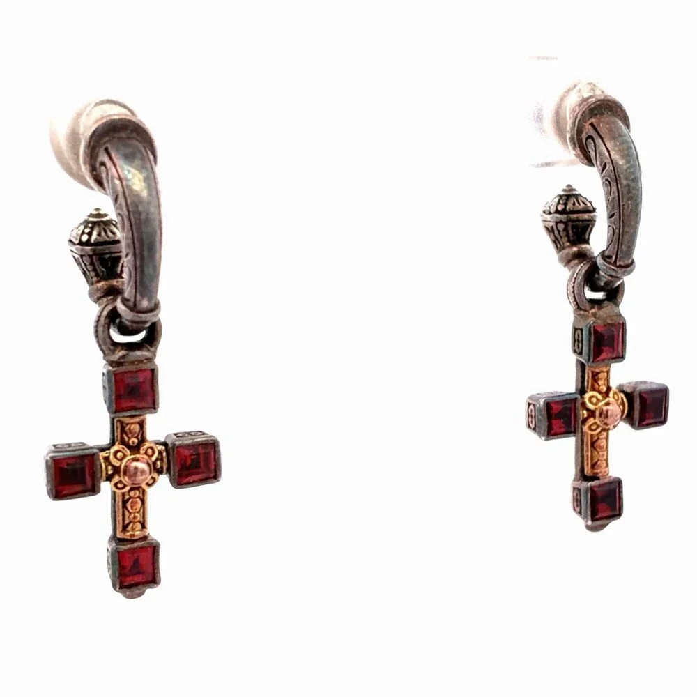 Retired Konstantino 925 Sterling Silver Two Tone Garnet Cross Dangle Earrings